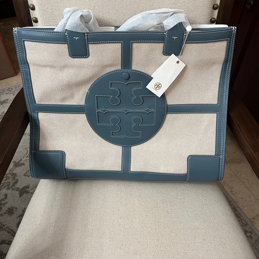 Tory Burch Ella Canvas Blue and Cream Canvas Quadrant Tote